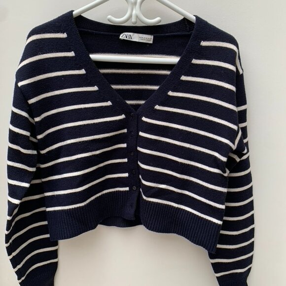 Zara Navy Striped Cropped Cardigan - Picture 2 of 9